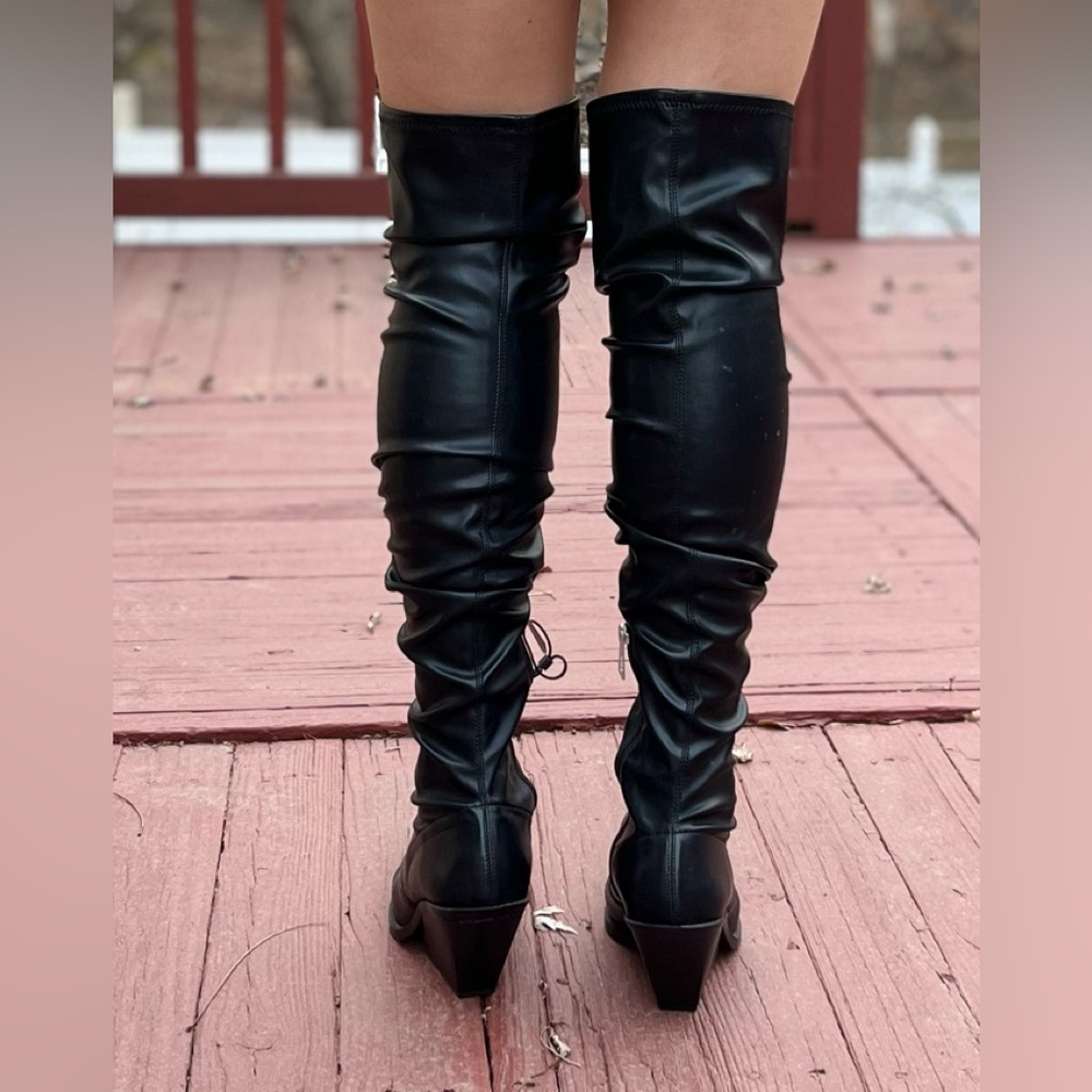 Zara Black Above Knee Boots, Angled Block Heel, Pointed Toe, Zipper, 39 (US 8.5) - Picture 3 of 11